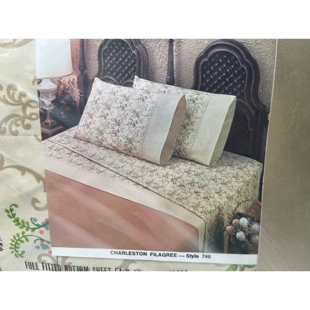 Vtg‎ Cannon Royal Family Bed Set Charleston Filigree Double Flat, Fitted Pillows